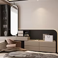 Elegant Modern Dressing Table Design With Round Mirror Beige Drawers And Chair