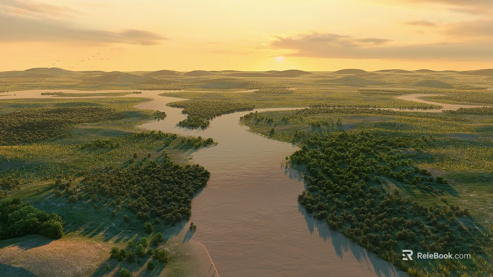Scenic Sunset Over Vast River Wetlands With Lush Green Trees And Rolling Hills 3d model 