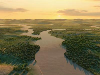 Scenic Sunset Over Vast River Wetlands With Lush Green Trees And Rolling Hills 3d model