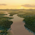 Scenic Sunset Over Vast River Wetlands With Lush Green Trees And Rolling Hills