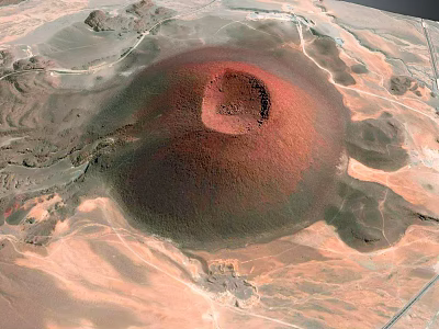 Aerial View Of Stunning Volcanic Landscape With Red Crater And Desert Terrain 3d model