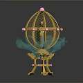 Ornate Birdcage With Golden Frame Green Base And Pink Decorative Accents