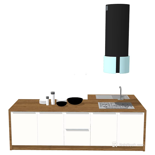 Kitchen Interior Featuring Wooden Countertop White Cabinets Black Bowl Sink And Range Hood 3d model 