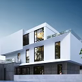 Modern Detached Villa With White Exterior Large Glass Windows Surrounding Trees And Waterfront View