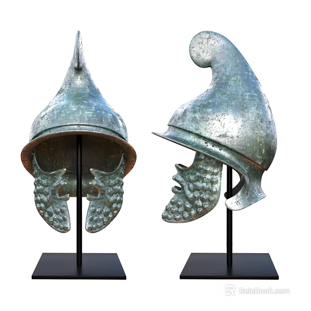 Decorative Ornament Set Showcasing Bronze Helmets On Black Display Bases For Home Decor 3d model 