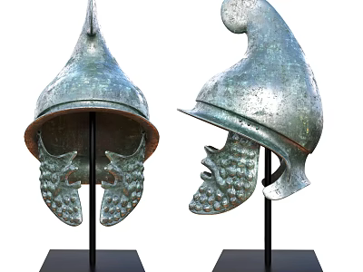 Decorative Ornament Set Showcasing Bronze Helmets On Black Display Bases For Home Decor 3d model