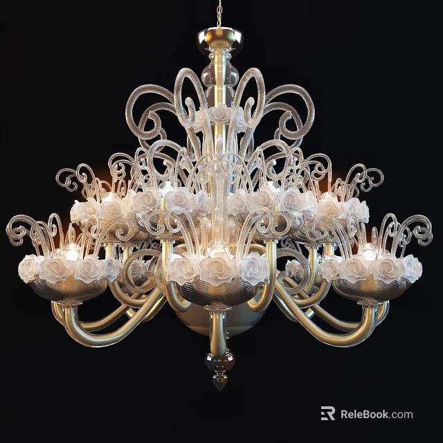 Elegant Chandelier With White Rose Decorations And Golden Curved Pattern Frame 3d model