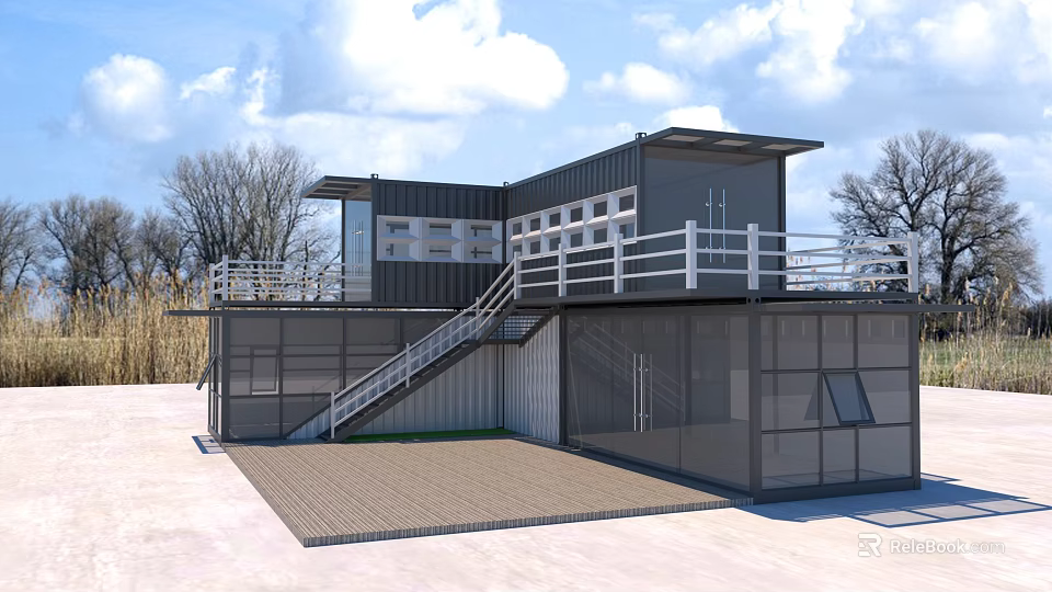 Modern Two Story Container Building With Balcony Staircase And Glass Facade 3d model 
