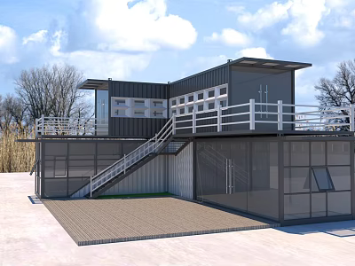 Modern Two Story Container Building With Balcony Staircase And Glass Facade 3d model