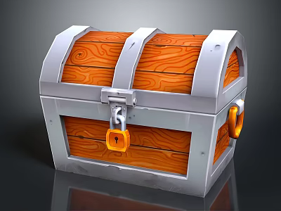 Wooden Treasure Chest With Metal Trim Orange Lock And Metal Rings 3d model