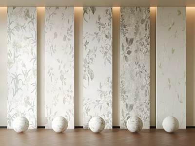Light Colored Background Wall With Floral Patterns Different Designs White Spherical Decorations On Wooden Floor 3d model