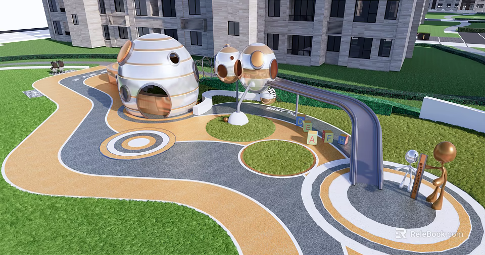 Fun Kids Play Area With Dome Shaped Playhouses Circular Pathways And Green Lawns 3d model 