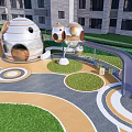 Fun Kids Play Area With Dome Shaped Playhouses Circular Pathways And Green Lawns