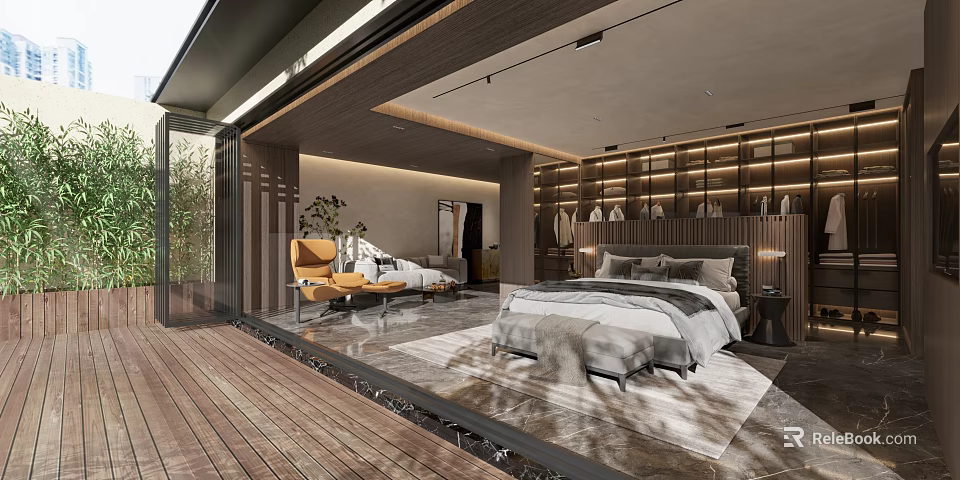 Modern Bedroom Interior Design With Large Bed Gray Bedding Wooden Terrace And Large Windows 3d model 