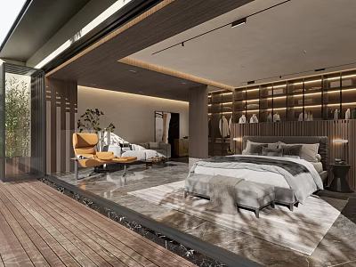 Modern Bedroom Interior Design With Large Bed Gray Bedding Wooden Terrace And Large Windows 3d model