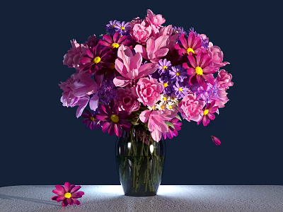 Glass Vase with Pink and Purple Mixed Flowers on Dark Background and Fallen Petal 3d model