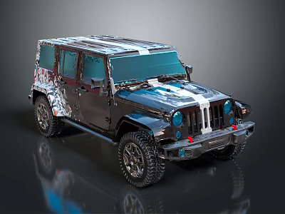 Rugged Off Road Car With Camouflage Pattern White Stripes Round Headlights And Large Tires 3d model
