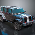 Rugged Off Road Car With Camouflage Pattern White Stripes Round Headlights And Large Tires