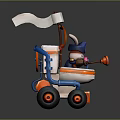Cartoon Style Playful Toy Cart With White Body Orange Flag Blue Pipes And Wheels