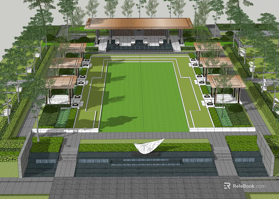 Outdoor Pergola Design With Greenery Central Lawn Seating And Surrounding Trees 3d model 