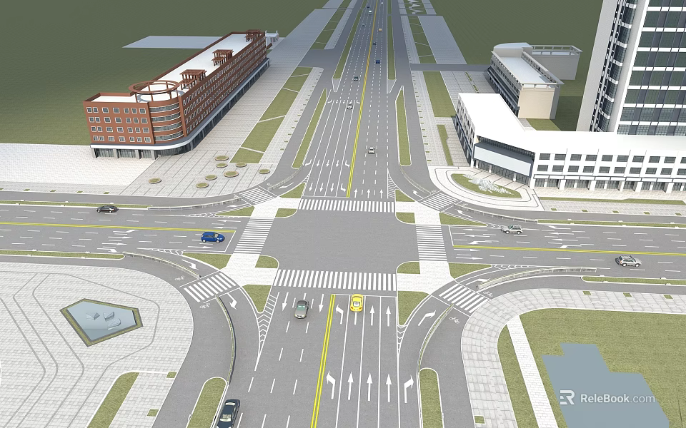 Modern Urban Road Infrastructure Featuring Intersection Lanes Vehicles And Surrounding Buildings 3d model 