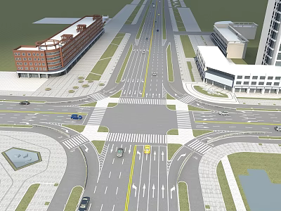 Modern Urban Road Infrastructure Featuring Intersection Lanes Vehicles And Surrounding Buildings 3d model