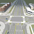 Modern Urban Road Infrastructure Featuring Intersection Lanes Vehicles And Surrounding Buildings