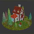 Modern Scene Featuring Red Roofed White House Small Red Cottage Pine Trees Grass And Path