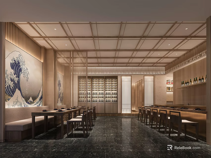 Elegant Modern Restaurant Interior With Wooden Ceiling Wave Painting Wine Racks And Dining Tables 3d model 