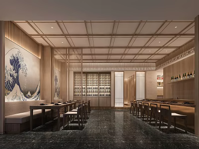 Elegant Modern Restaurant Interior With Wooden Ceiling Wave Painting Wine Racks And Dining Tables 3d model