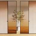 Modern Ribbed Glass Sliding Doors For Interior Room Divider With Wooden Floor And Plant
