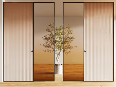 Modern Ribbed Glass Sliding Doors For Interior Room Divider With Wooden Floor And Plant 3d model