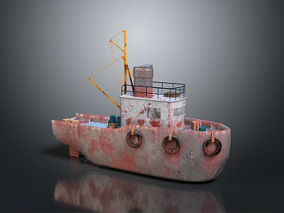 Rusty Red And White Water Vessel With Yellow Crane Black Chimney And Lifebuoys 3d model