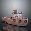 Rusty Red And White Water Vessel With Yellow Crane Black Chimney And Lifebuoys
