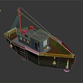 Small Fishing Boat With Blue Cabin Orange Railings And Wooden Deck Ladder