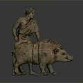 Detailed Ancient Sculpture of Man Supporting Large Standing Boar Figure