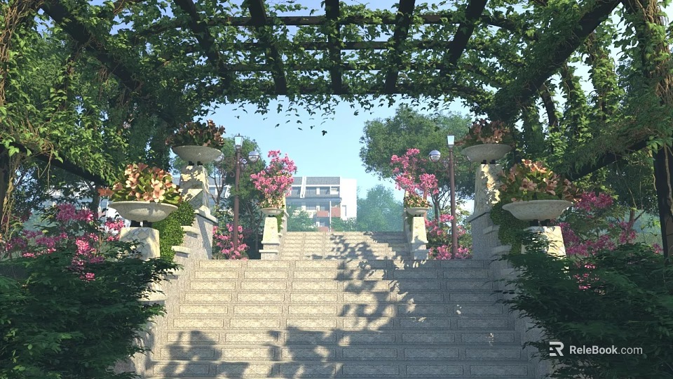 Residential Landscape With Arch Pergola Climbing Vines Stone Steps And Pink Flower Pots 3d model 