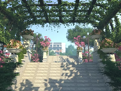 Residential Landscape With Arch Pergola Climbing Vines Stone Steps And Pink Flower Pots 3d model
