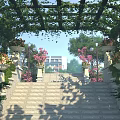 Residential Landscape With Arch Pergola Climbing Vines Stone Steps And Pink Flower Pots