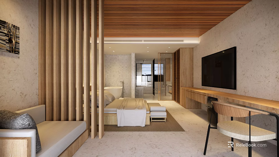Modern Hotel Guest Room Interior With Wooden Partition Bed TV And Desk 3d model 