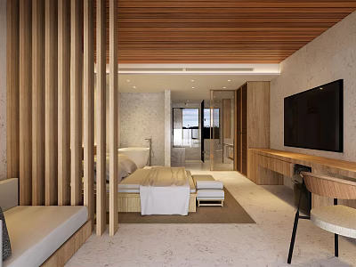 Modern Hotel Guest Room Interior With Wooden Partition Bed TV And Desk 3d model