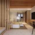 Modern Hotel Guest Room Interior With Wooden Partition Bed TV And Desk