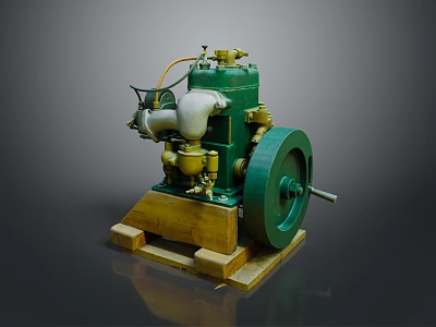 Vintage Green Mechanical Pump With White Components Large Wheel And Wooden Base 3d model