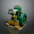 Vintage Green Mechanical Pump With White Components Large Wheel And Wooden Base