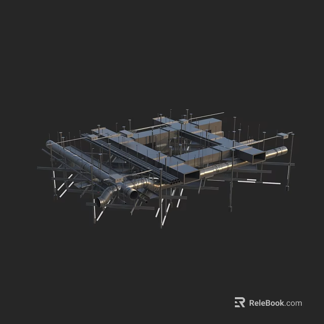 Industrial Metal Pipe System With Supports Connections And Complex Layout 3D Model Design 3d model 