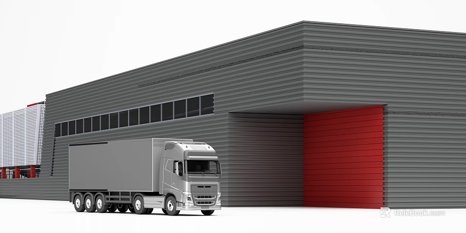 Large Modern Industrial Warehouse With Metal Structure Red Roller Door Truck And Windows 3d model 