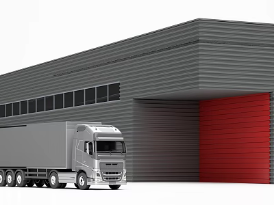 Large Modern Industrial Warehouse With Metal Structure Red Roller Door Truck And Windows 3d model
