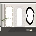 Warm Modern Interior Featuring Unique Shaped Mirrors Decorative Carpet And Green Plant