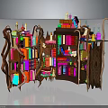 Enchanting Fantasy Bookshelf With Colorful Books Bottles And Unique Wooden Decorative Structure