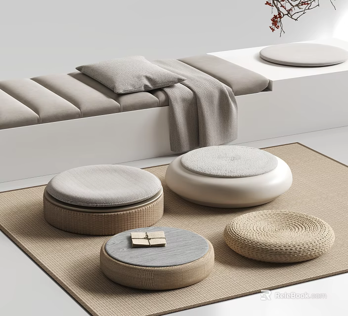 Soft Gray Pillow on White Bench with Gray Blanket and Woven Floor Cushions 3d model 